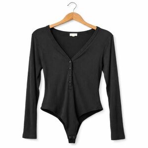 Wilfred Free Ribbed Henley Bodysuit Black | TENCEL Modal Stretch | Aritzia L